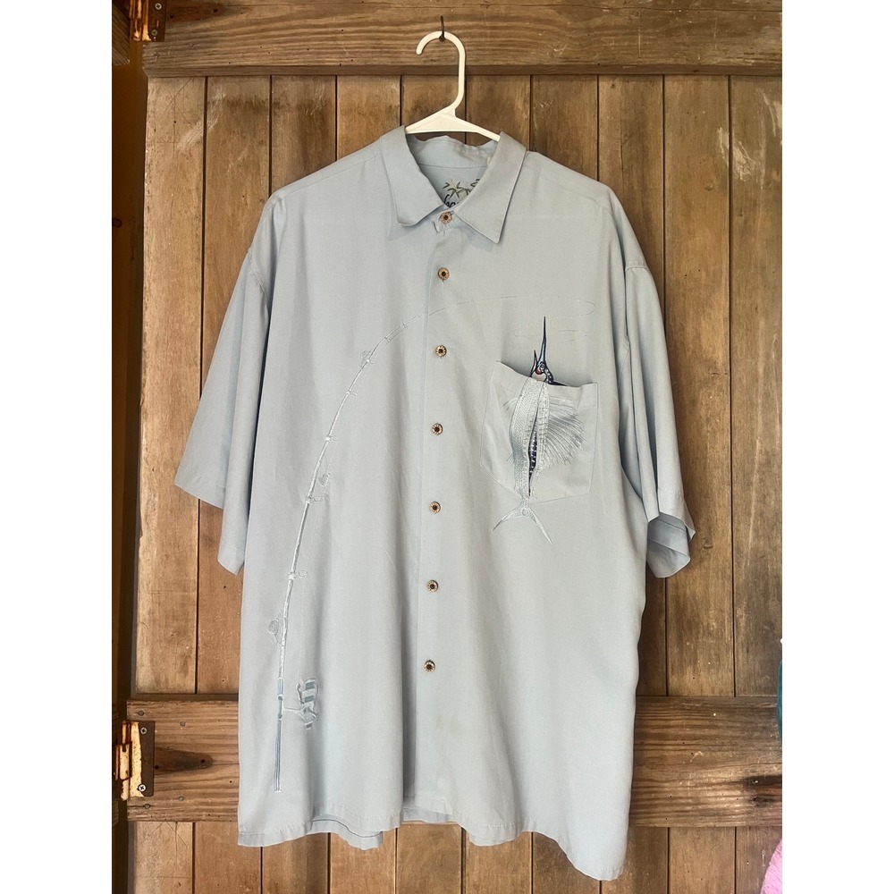Bamboo Cay Mens XL Blue Marli Fishing Embroidered Short Sleeve Button Down Shirt - Picture 2 of 9